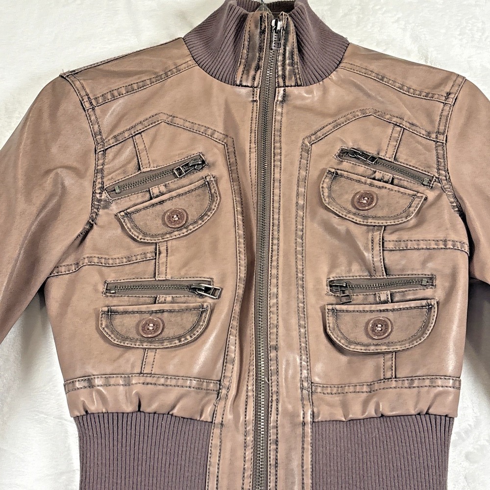 Vtg Y2K Beverly Hills Polo Club Faux Leather Crop Bomber Jacket Size S Women Tan
